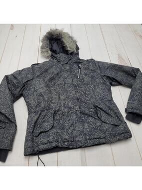 Columbia winter coat green print fur trim hood fleece lined gorpcore